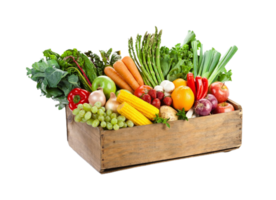 A wooden box filled with various fruits and vegetables png