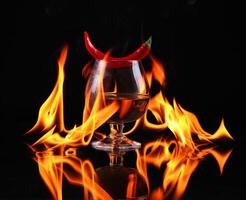 Hot chili pepper in a cognac ballon with a fire on a black background photo
