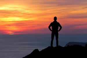 Man on top of mountain. Element of design. photo