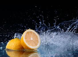 Sliced lemon in the water on black background photo