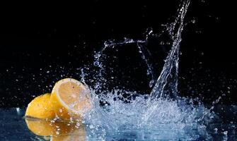 Sliced lemon in the water on black background photo
