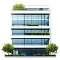 Modern Office Building with Large Glass Windows and Greenery png
