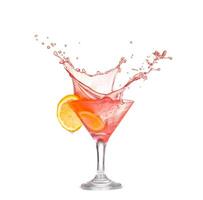 Fresh pink cocktail, lemon isolated on white background splash photo