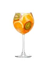 pitcher with a refreshing drink with lemon slices of orange and kiwi on white background photo