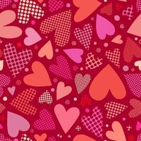Seamless Valentines Day Pattern with Pink Hearts and Polka Dots on Red Background vector