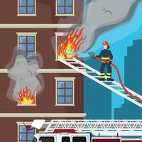 Firefighter extinguishes fire in multi-storey building. Firefighting concept. Rescue operation. vector