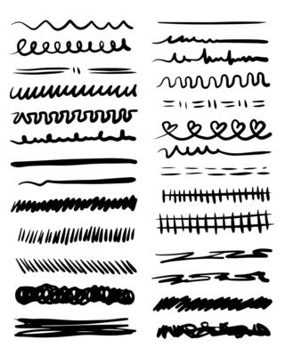 Set of artistic pen brushes. Hand drawn grunge strokes. Doodle lines, various dividers for web sites.
