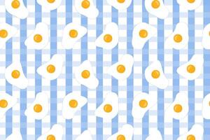 Fried eggs seamless pattern. Cooked eggs on blue tablecloth. vector