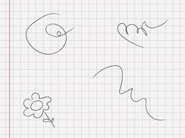 Ruled paper sheet with curly doodles and scribbles. vector