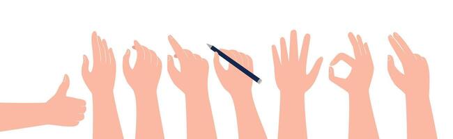 Set of hand gestures in various positions illustration, on a white background illustration vector