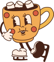 A retro cartoon cup of hot chocolate with marshmallows and a candy cane, designed as a Christmas mascot character png