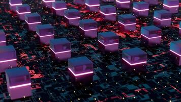 3D Abstract Render of Neon Cubes with Pink Light Highlights of Server Operations video