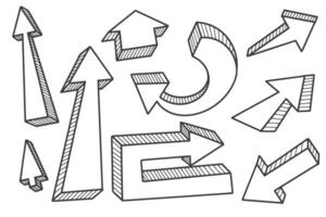 Hand drawn doodle arrows set. Pencil line sketch on white background. Curve design elements. Outline sign of cursor. Graphic vintage marks and bold silhouettes vector