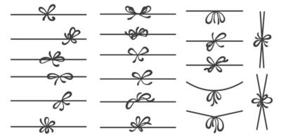 Ribbon bow for gift and present box. Simple hand drawn string with knot. Outline thin rope for package design. Minimal sketch elements for decoration on white background vector
