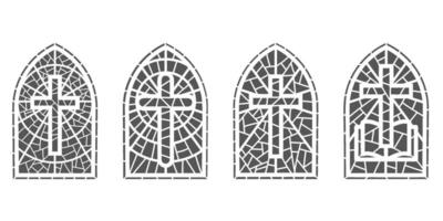Church glass windows. Stained mosaic catholic and christian frames with cross. Outline gothic medieval arches isolated on white background vector