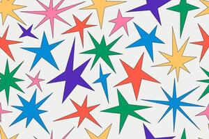 Seamless pattern with star shapes. Y2K abstract sparkles and shiny irregular elements. Color twinkles blings and random geometric flat figures. Retro explosion effect background. vector