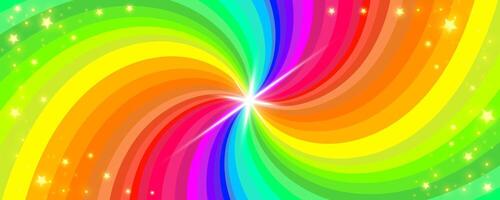 Rainbow swirl background. Spiral magic abstract wallpaper. Spectrum color vibrant dynamic hypnotic bg. Vivid radial sunbeams with stars and sparkles. vector