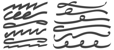 Curly strokes. Swoosh underlines with calligraphic hand drawn strokes. Decorative highlight black dividers and curve wavy elements on white background. Squiggle paint marks. vector