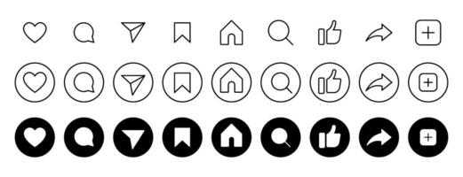 Social Network Flat Line Round Style Icon Collection. Modern Internet UI Buttons Set Illustration vector