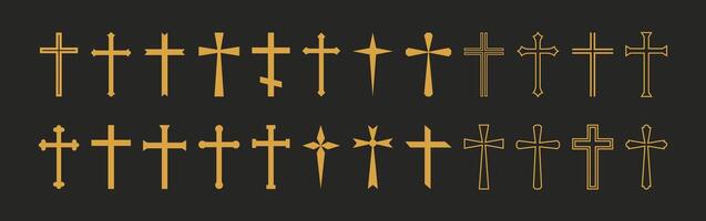 Christian cross golden color symbol set on black background. Different style gold christ religion icon collection illustration vector