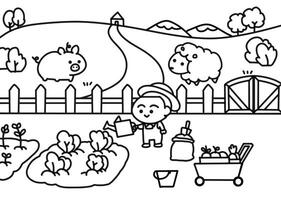Children farming the garden coloring pages style. vector