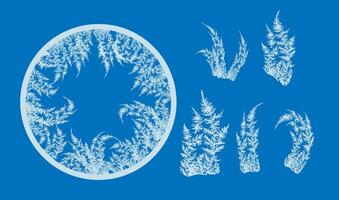 Winter circle frame with frosted patterns . White ice crystals elements texture freeze winter window. celebration border vector