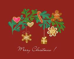 Christmas greeting card with hanging gingerbread cookies, spruce branch, red background. Cute illustration in flat style vector