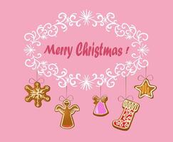 Christmas greeting card with hanging gingerbread cookies, pink background. Cute illustration in flat style vector