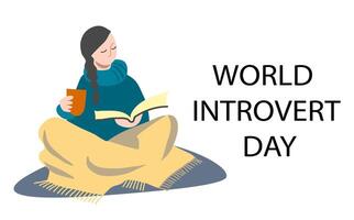 World introvert day banner with girl reading book at home vector