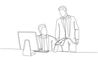 Continuous one line drawing of boss giving additional work to employee, assignment of work from supervisor concept, single line art vector