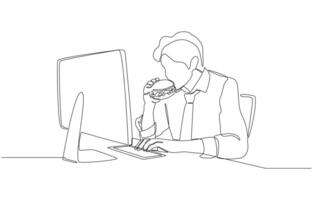 One line drawing of male office worker looking at pc screen while eating hamburger, urgent work or busy office work concept, single line art vector