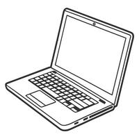 Laptop computer illustration with thin black outline isolated on white vector