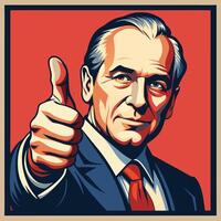 Thumbs up gesture by a confident man in a suit with a black outline vector