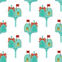 Blue letterbox with with bell. Christmas seamless pattern. For textile, wrapping paper, background. vector