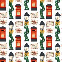 Postbox. Paper envelope with letter. Street lamp. Christmas seamless pattern. For textile, wrapping paper, background. vector
