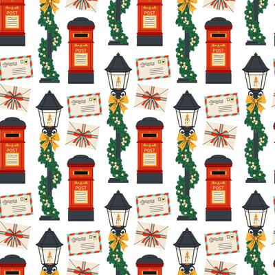 Postbox. Paper envelope with letter. Street lamp. Christmas seamless pattern. For textile, wrapping paper, background.