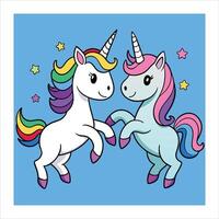 Two unicorns dancing in front of a blue background vector