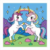 Two unicorns are fighting in the field with a rainbow in the background vector