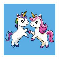 Two unicorns are dancing together on a blue background vector