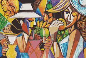 Art abstract cubist feast depicting two figures enjoying a bountiful array of fruits and beverages. The angular, geometric forms create a dynamic interplay of colors . vector