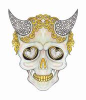 Golden horned sugar skull day of the dead. A striking sugar skull design adorned with elaborate golden curls and prominent horns textured with intricate net-like patterns. vector