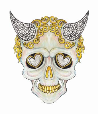 Golden horned sugar skull day of the dead. A striking sugar skull design adorned with elaborate golden curls and prominent horns textured with intricate net-like patterns.