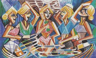 Art abstract woman exercise. group of women engaging in animated conversations. The vibrant colors and geometric shapes create a dynamic sense of motion and camaraderie. vector