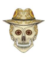 Sugar skull with hat day of the dead.An intricately designed sugar skull adorned with vibrant decorative patterns and gemstones. vector