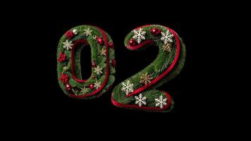 Festive Christmas Number 02 Design with Evergreen Branches, Red Ribbon, Ornaments and Snowflakes on Black Background video