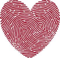 A red fingerprint shaped as a heart. Represents unique love and identity vector