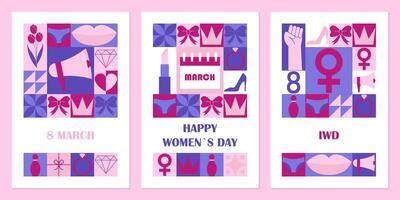 Happy Womens Day greeting cards. Set of modern geometric backgrounds. Abstract neo geometric pattern. Template for postcard or invitations. illustration vector