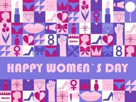 Happy Womens Day modern background with geometric pattern. Festive background with abstract mosaic pattern with hearts, tulips, gifts, lips. illustration vector