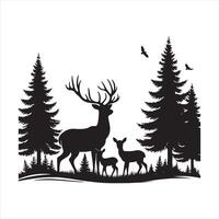deer family with baby and forest fir trees wildlife silhouette on white background vector