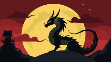 A silhouette dragon japanese style with moon and cloud for your monitor background or design vector